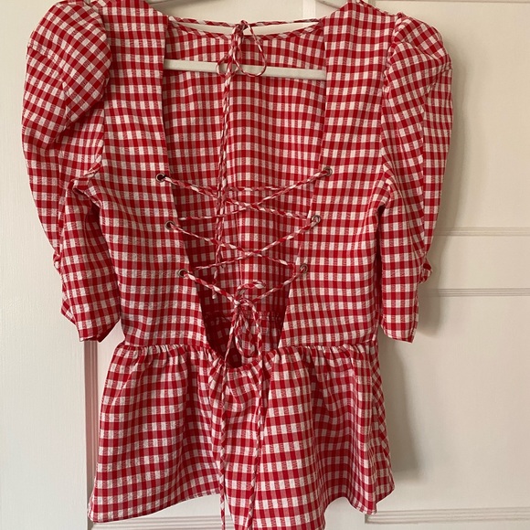 Topshop red gingham puff sleeve open back top - uk 8 us 4 - Picture 4 of 4